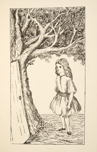 Alice findet eine Tür in den Baum, Illustration aus Alice unter der Erde, veröffentlicht 1886 von Charles Lutwidge Dodgson